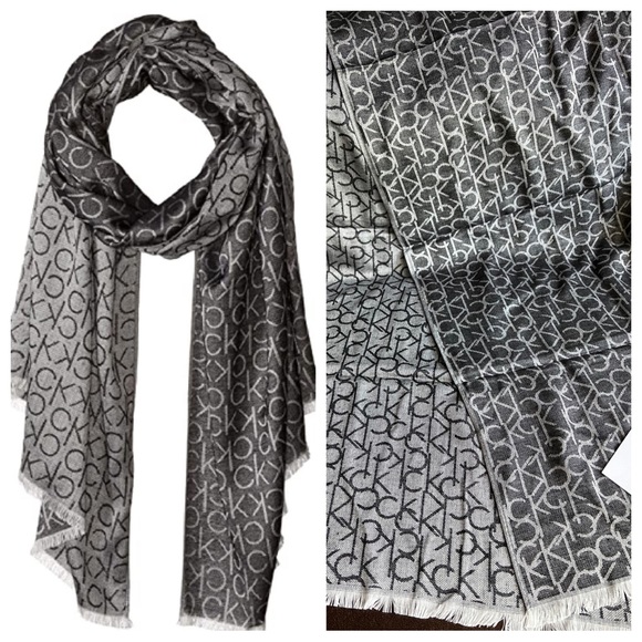 Calvin Klein Monogram CK Logo-Print Pashmina Wrap Scarf - Picture 2 of 3